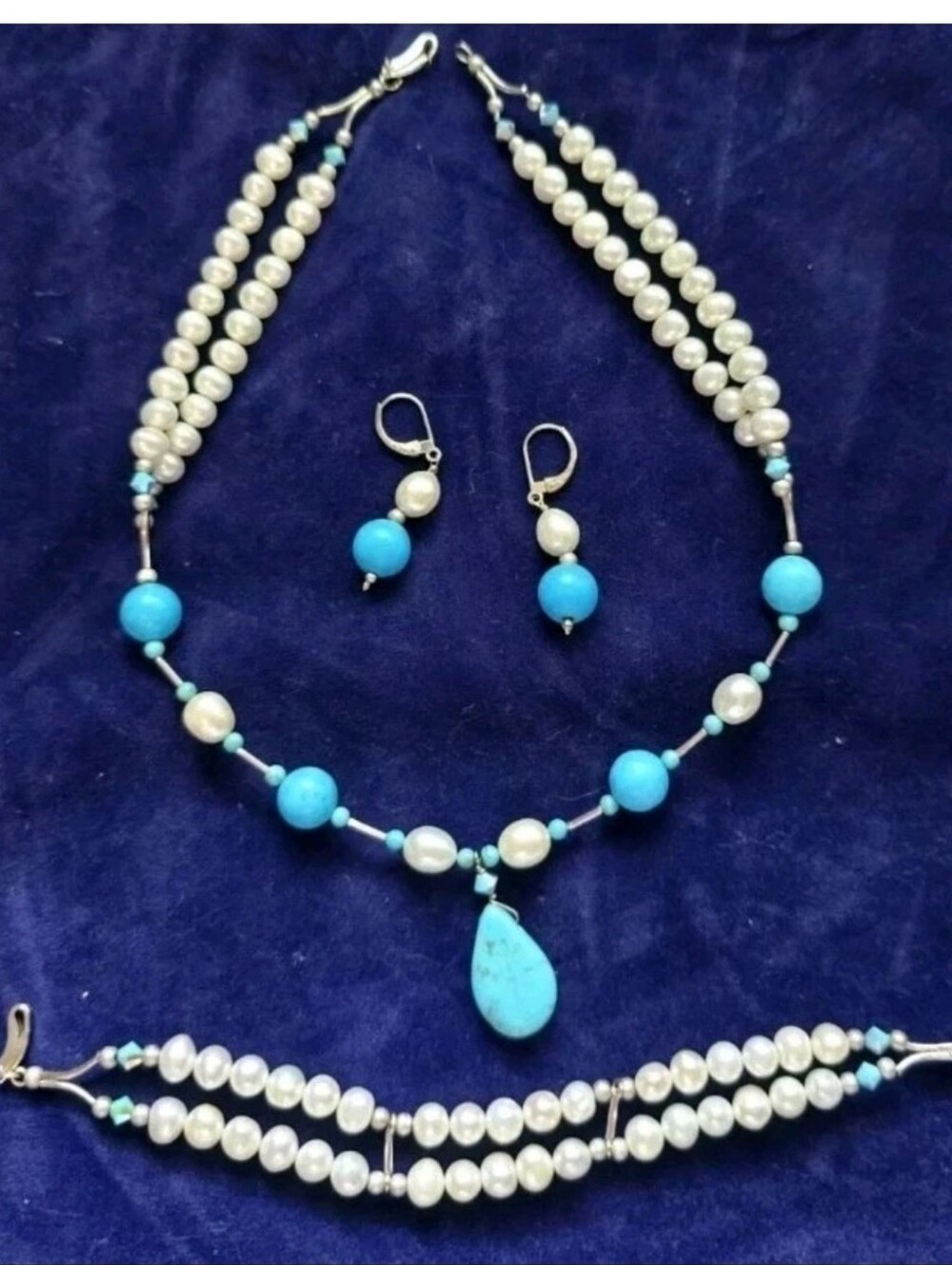 18k White Gold Pearl Turquoise Necklace, Bracelet and Earring Set